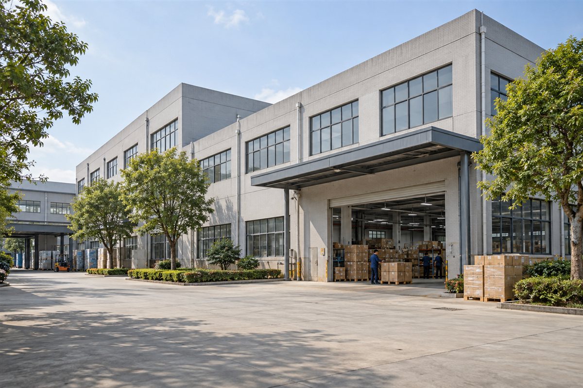 Factory building with a sheltered loading entrance and landscaped forecourt