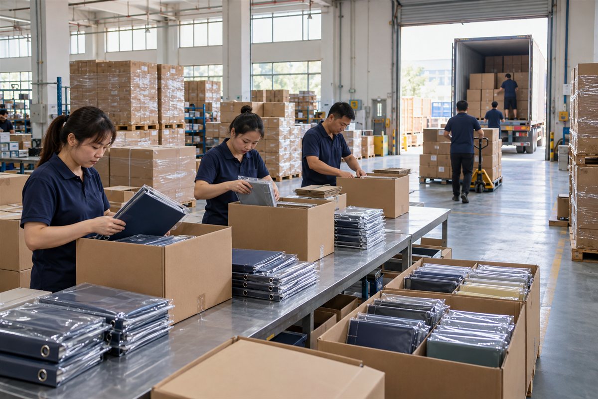 Packing team preparing protected stationery products and export cartons for dispatch