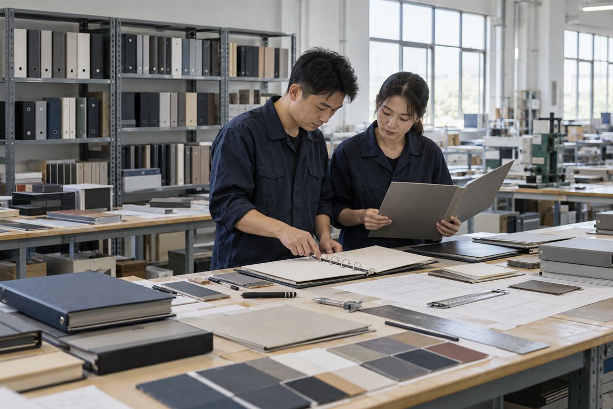 Sample development team reviewing binder construction and material specifications