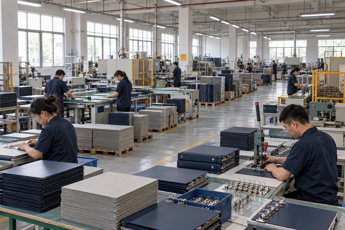 Workers assembling ring binders and covers at organized stationery production stations